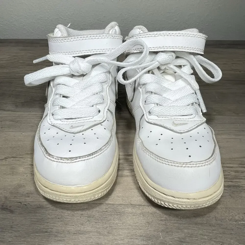 Nike Air Force 1 Mid Boys Size 10C Triple White Athletic Leather Shoes Sneakers